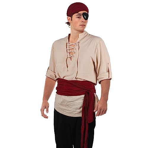Leumoi 6 Pcs Men's Pirate Costume Men's Renaissance Medieval Viking Shirt Banded Pants Bandana Sash Belt Eye Patch Earrings Small Apricot, Black, Wine Red