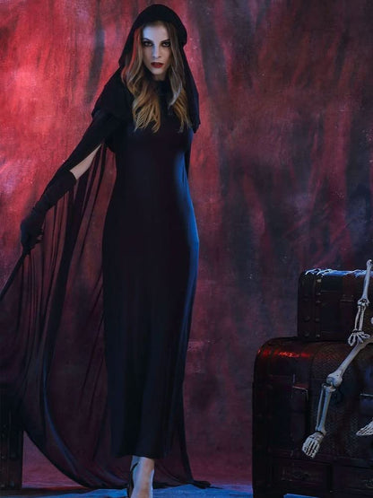 HOMELEX Black Witch Velvet Cloak Halloween Maleficent Hooded Cape Queen King Robe Outfit Renaissance Medieval Costume Green