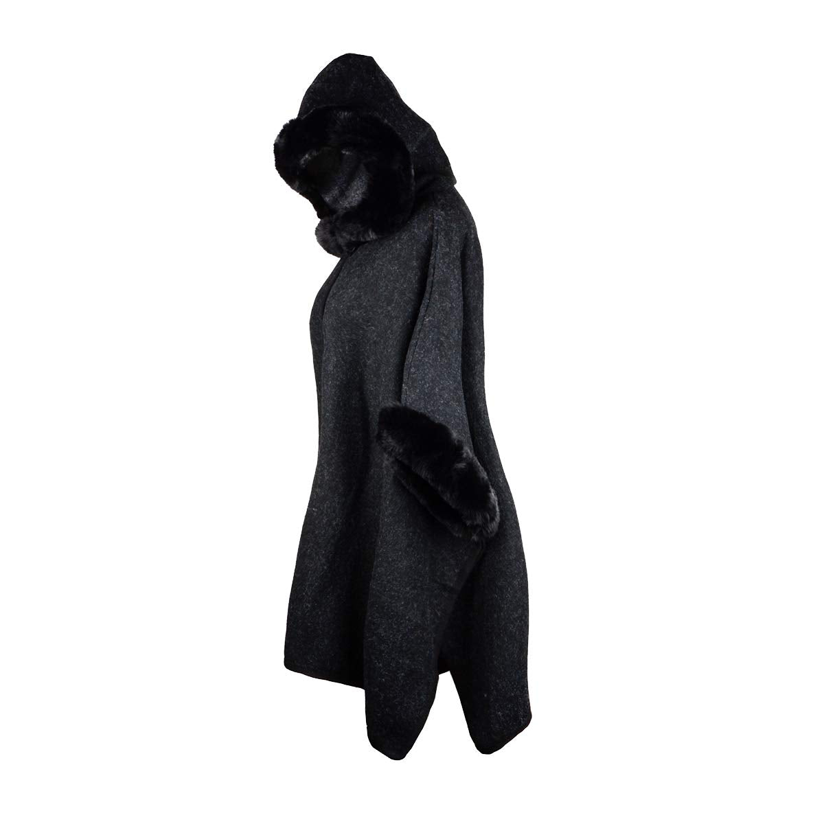 Fur-Lined Leather Closure Wool Half-Cloak with Hood