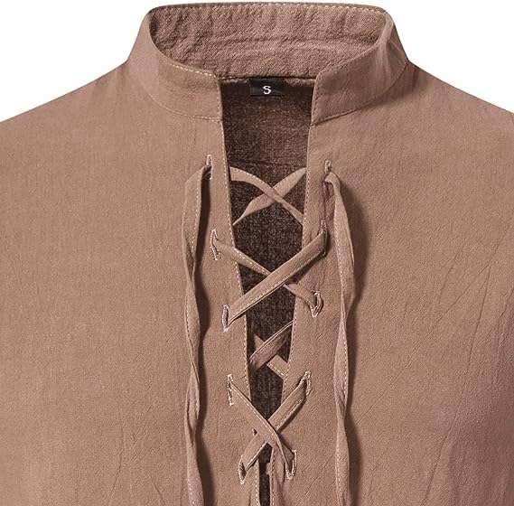 Men's Long Sleeve Shirts Retro Style Lace up for Medieval,Viking,Hippie Halloween Cosplay Pirate Renaissance Costume Small Khaki