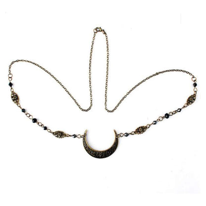 Aimimier Viking Crystal Head Chain Moon Head Chain Halloween Circlet Headpiece Crescent Moon Forehead Chain Crystal Headband Prom Hair Jewelry for Women and Girls (Retro gold)