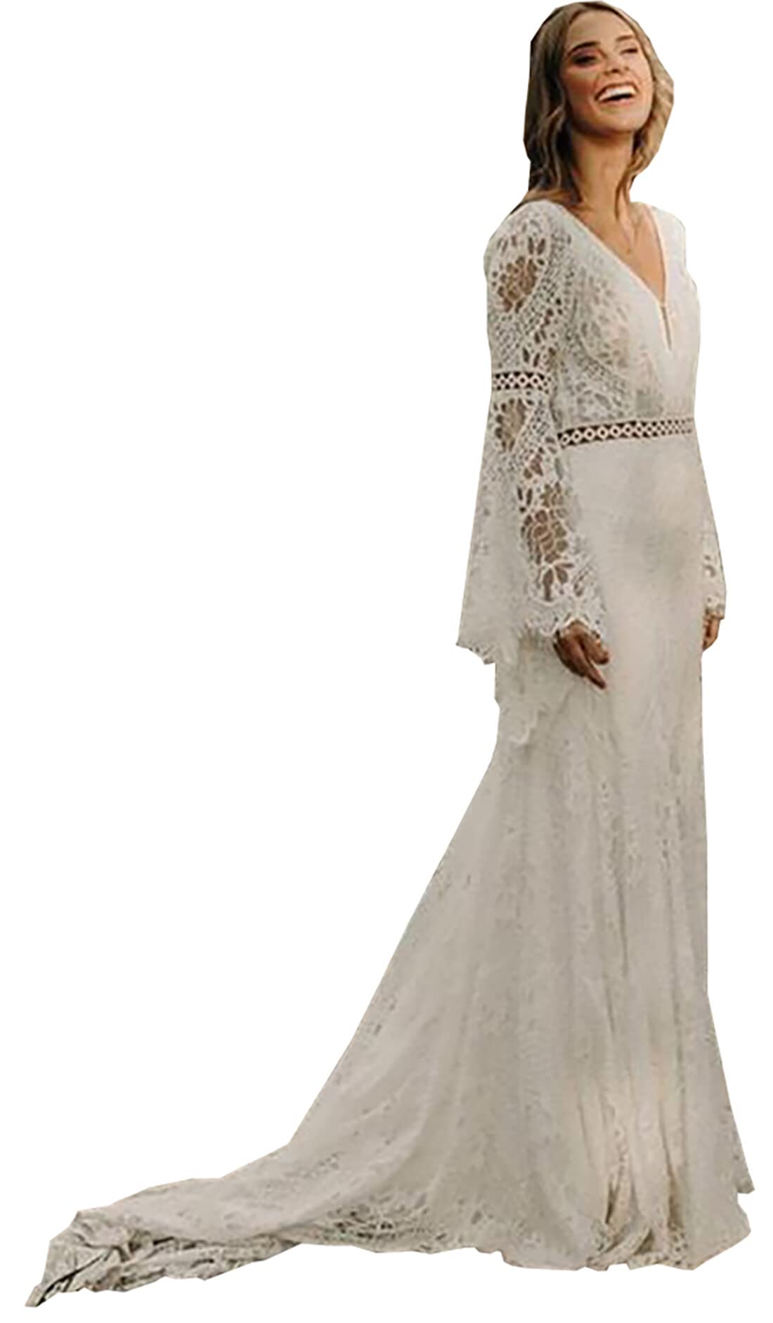 Long Belled Sleeve Woven Lace Wedding Dress in Ivory