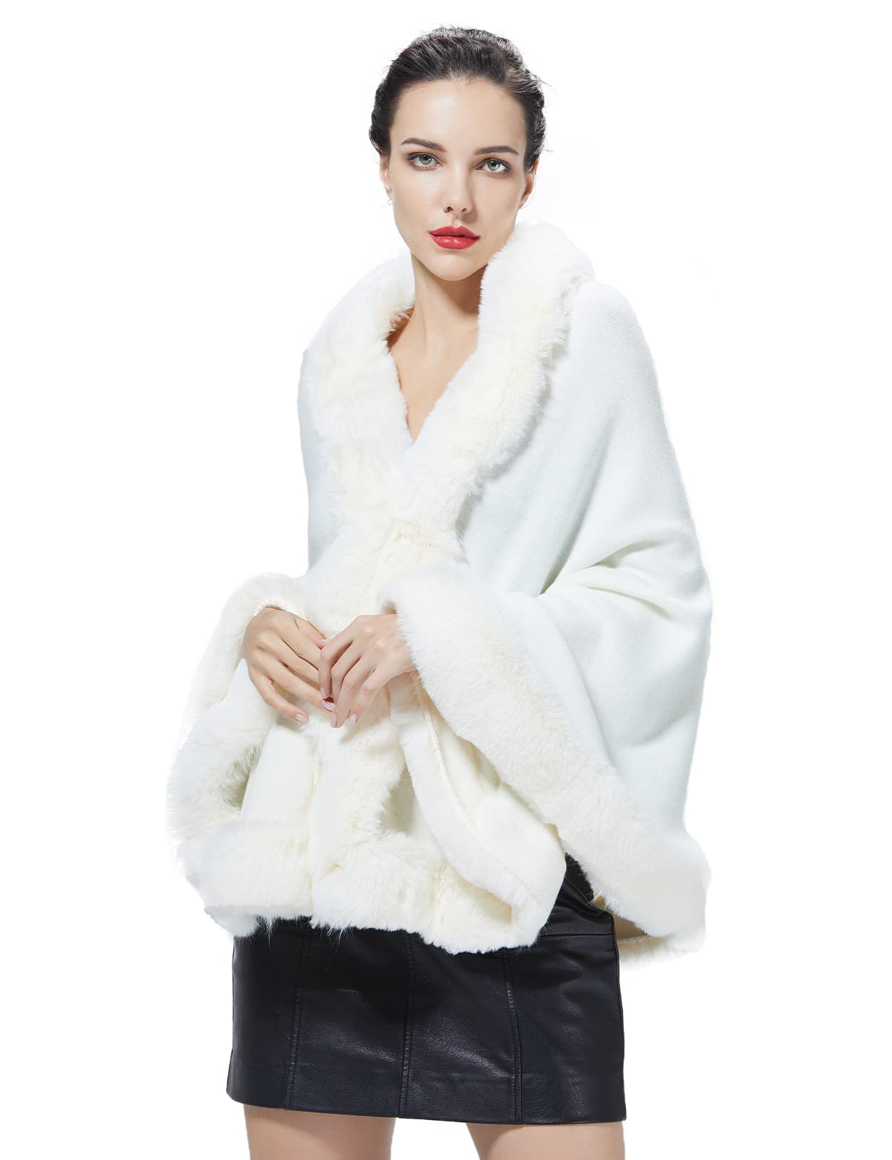 Faux Fur Shawl Wrap Stole Capelet Bridal Winter Wedding with Hook Hooded-black