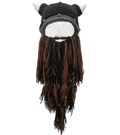 MerryJuly Men's Head Barbarian Vagabond Beanie Original Foldaway Beard Hats Viking Horns Bearded Caps One Size Viking Horns&brown Beard