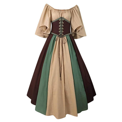 Khaki Women's Medieval Victorian Ball Gown Dress with Puff Sleeves