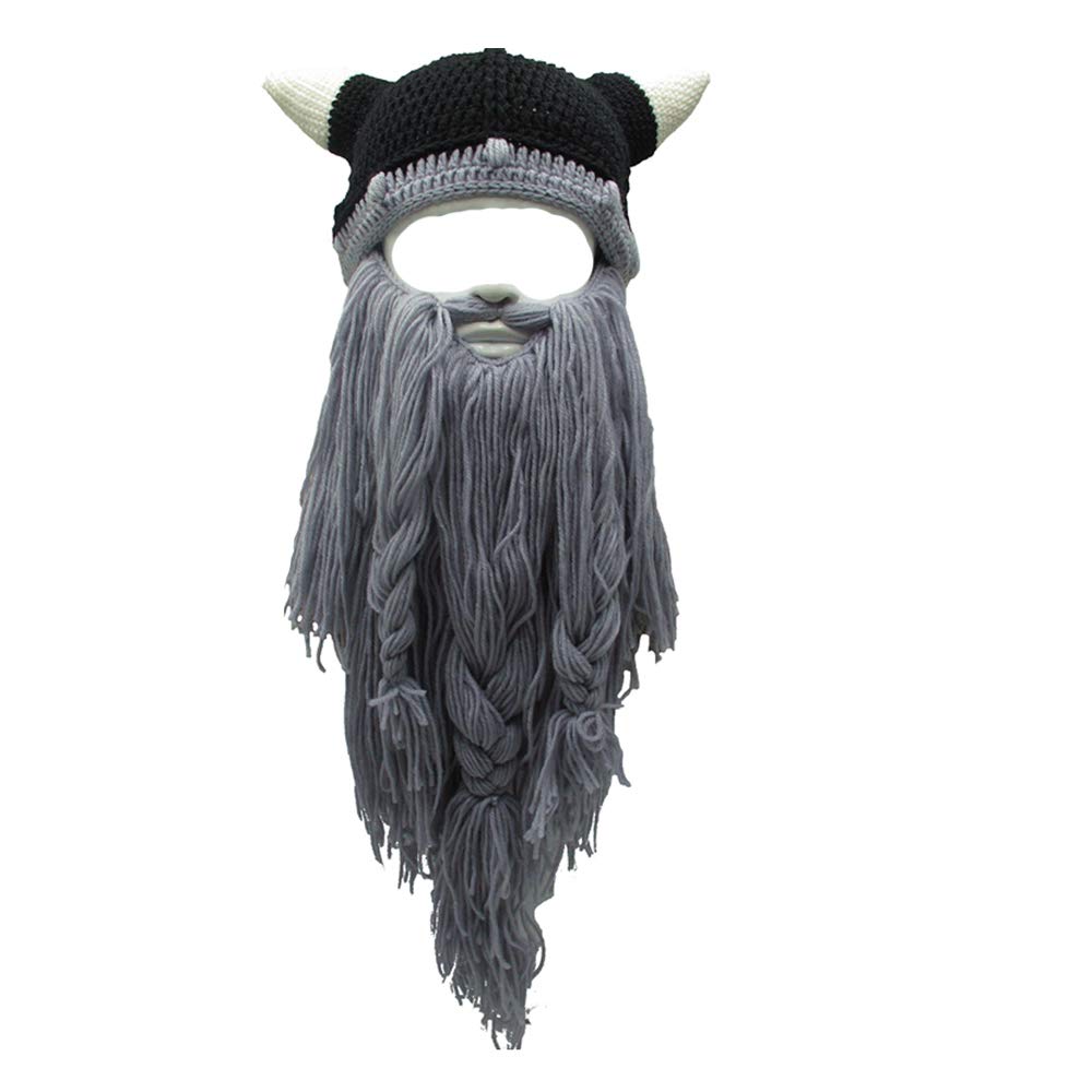 YEKEYI Viking Beard Beanie Horn Hat Winter Warm Mask Knitted Wool Funny Skull Cap One Size Horn Brown