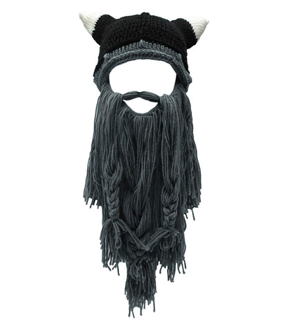 MerryJuly Men's Head Barbarian Vagabond Beanie Original Foldaway Beard Hats Viking Horns Bearded Caps One Size Viking Horns&brown Beard