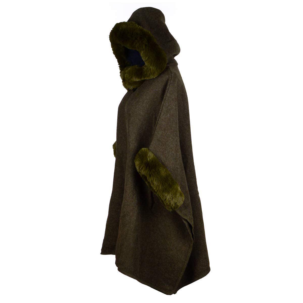 Fur-Lined Leather Closure Wool Half-Cloak with Hood