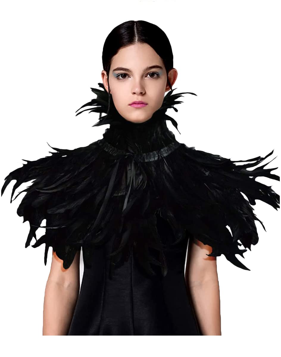 L'VOW Women' Natural Feather Shrug Cape Shawls Lace Collares for Halloween Cosplay Y1-black