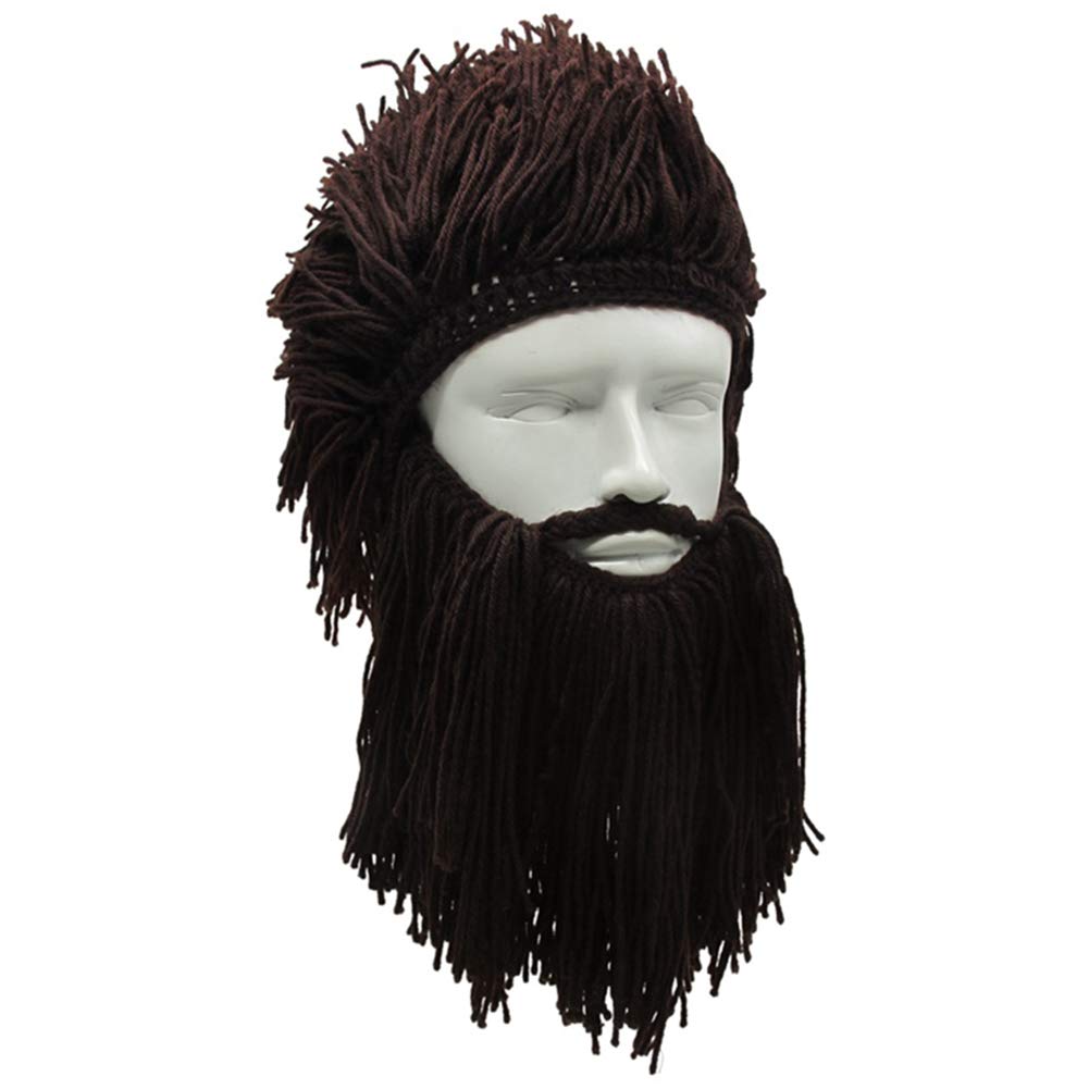 MerryJuly Men's Head Barbarian Vagabond Beanie Original Foldaway Beard Hats Viking Horns Bearded Caps One Size Viking Horns&brown Beard