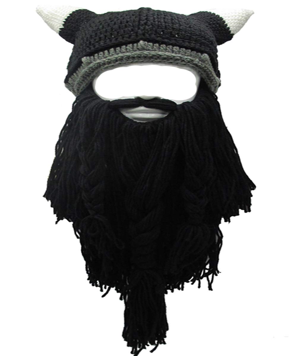 YEKEYI Viking Beard Beanie Horn Hat Winter Warm Mask Knitted Wool Funny Skull Cap One Size Horn Brown