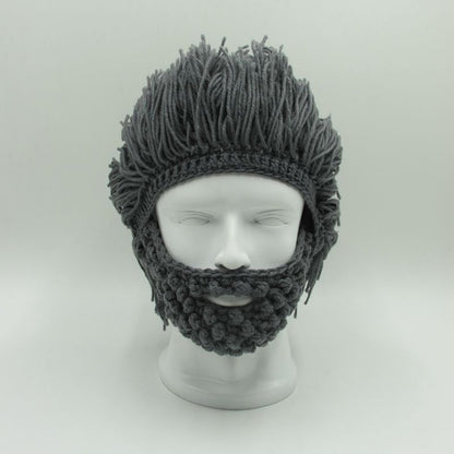 MerryJuly Men's Head Barbarian Vagabond Beanie Original Foldaway Beard Hats Viking Horns Bearded Caps One Size Viking Horns&brown Beard