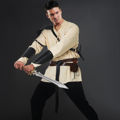 Jeyiour Men's Renaissance Costume Set Medieval Shirt Pirate Outfit Cosplay Viking Ankle Pants Belt Pouch Armband Beige, Black X-Large