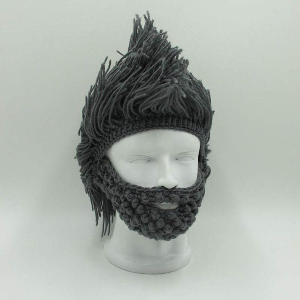 MerryJuly Men's Head Barbarian Vagabond Beanie Original Foldaway Beard Hats Viking Horns Bearded Caps One Size Viking Horns&brown Beard