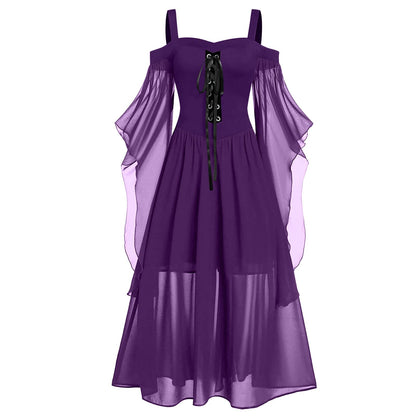 Renaissance Gothic Dress for Women Halloween Costume Off Shoulder Lace Trumpet Sleeve Dresses Medieval Steampunk Dress 03-dark Green Vintage Dress Small