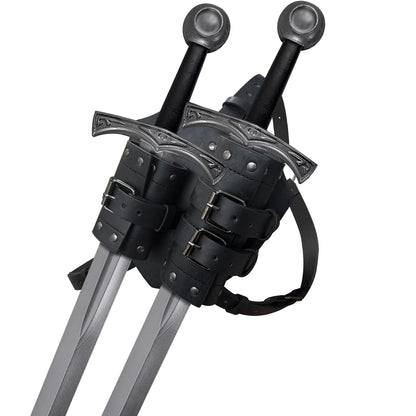 HiiFeuer Medieval Faux Leather Double Back Sword Frog, Mercenary Adjustable Sword Holster, Middle Ages Back Sword Holster Brown a