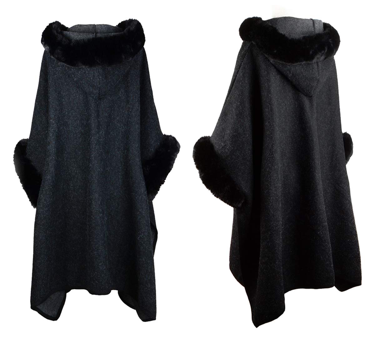 Fur-Lined Leather Closure Wool Half-Cloak with Hood