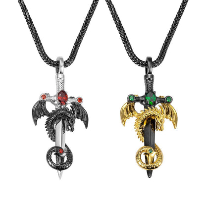 Personalized Birthstone Dragon Sword Necklace - Anniversary Gift for Men - Vintage Punk Pendant