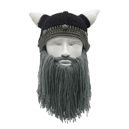 MerryJuly Men's Head Barbarian Vagabond Beanie Original Foldaway Beard Hats Viking Horns Bearded Caps One Size Viking Horns&brown Beard