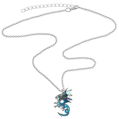 Enamel Alloy Dragon Pendant Necklace - Fantasy Dinosaur Charm Gift for Women - Blue