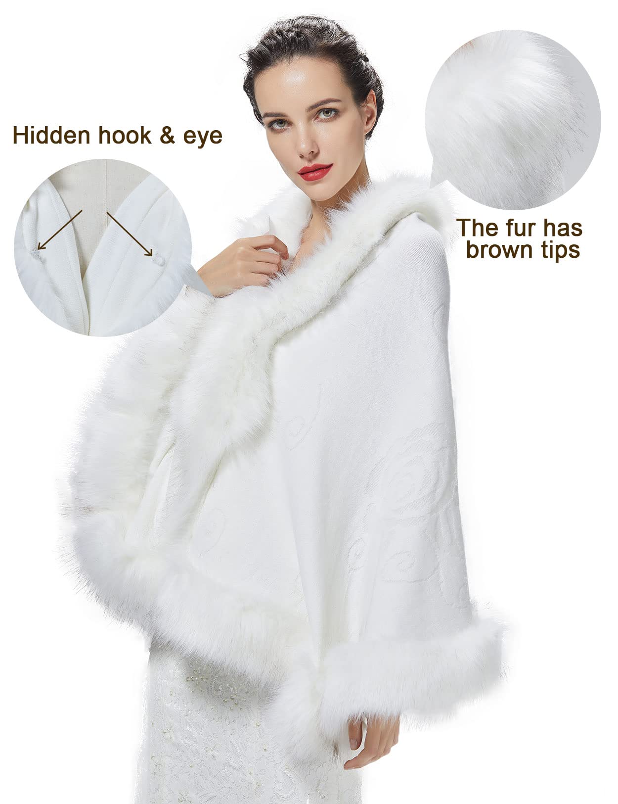 Faux Fur Shawl Wrap Stole Capelet Bridal Winter Wedding with Hook Hooded-black