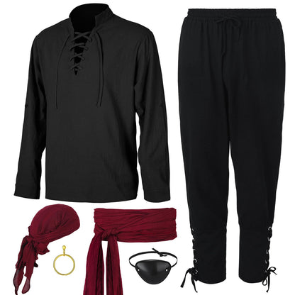 Leumoi 6 Pcs Men's Pirate Costume Men's Renaissance Medieval Viking Shirt Banded Pants Bandana Sash Belt Eye Patch Earrings Small Apricot, Black, Wine Red