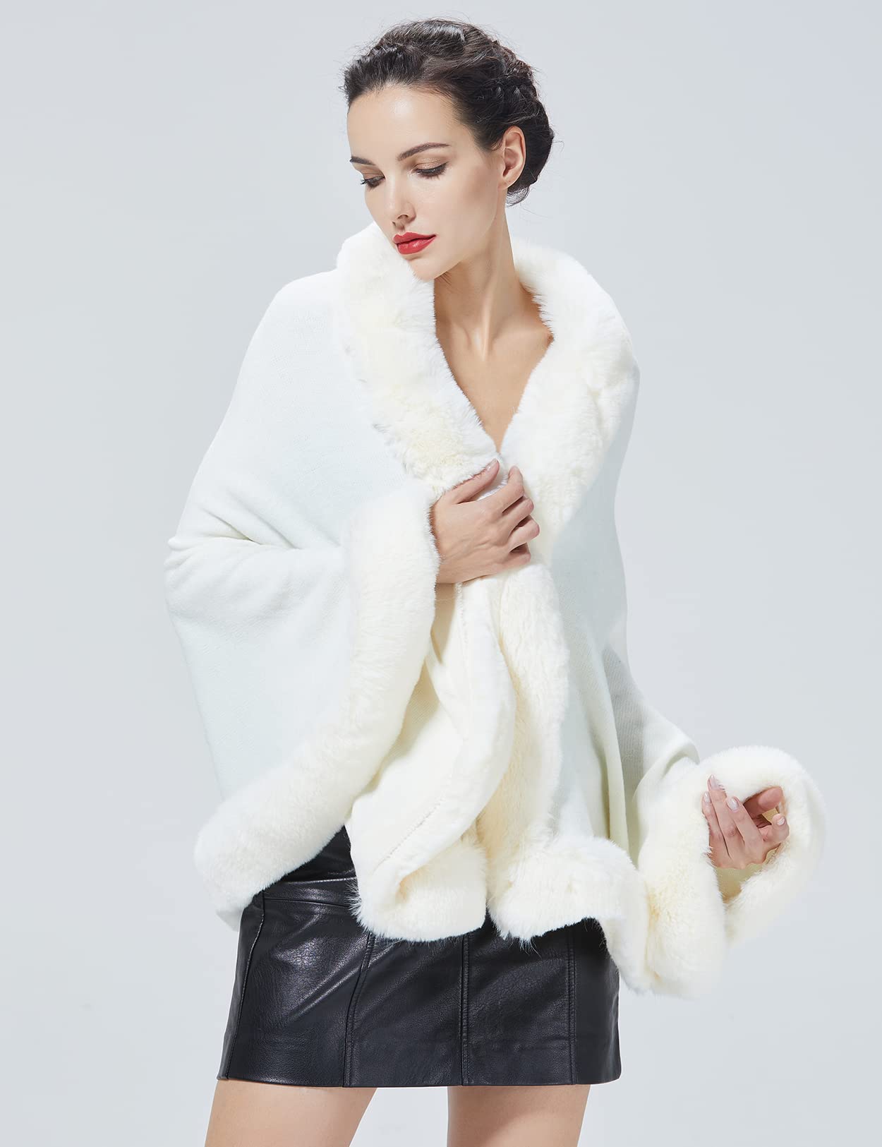 Faux Fur Shawl Wrap Stole Capelet Bridal Winter Wedding with Hook Hooded-black