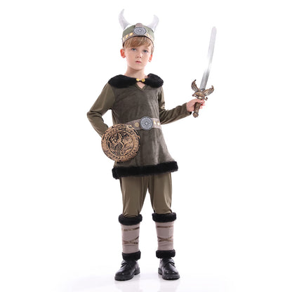 Funivals Boys Costume for Halloween Carnival，Boy Suit Role Play with Accessories Medium Viking Warrior