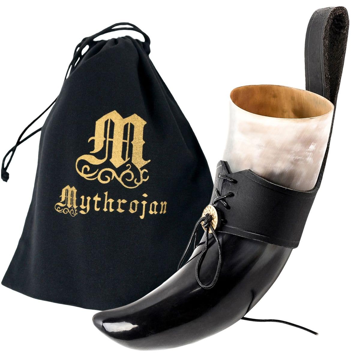 Mythrojan Viking Drinking Horn Black Medieval Beer Drinking Horn Authentic Drinking Horn with Strap Norse Beer Horn Small Drinking Horn Mug Viking Ale Horn Cup 250 ml Viking Drink Horn Replica 8oz 250 ML (Black Strap)