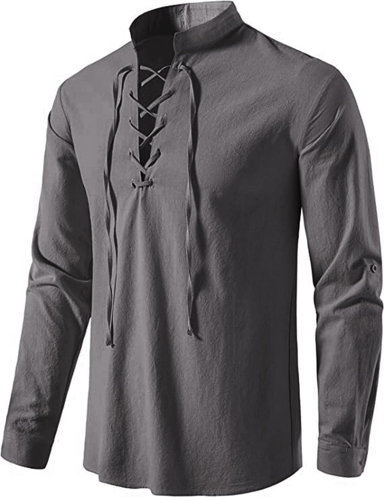 Men's Long Sleeve Shirts Retro Style Lace up for Medieval,Viking,Hippie Halloween Cosplay Pirate Renaissance Costume Small Khaki