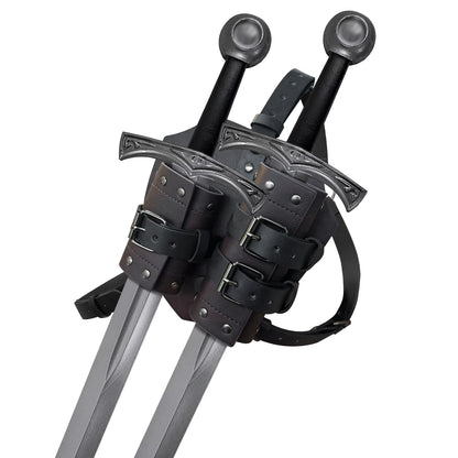 HiiFeuer Medieval Faux Leather Double Back Sword Frog, Mercenary Adjustable Sword Holster, Middle Ages Back Sword Holster Brown a