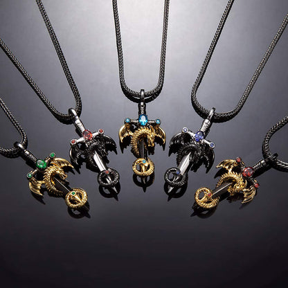 Personalized Birthstone Dragon Sword Necklace - Anniversary Gift for Men - Vintage Punk Pendant