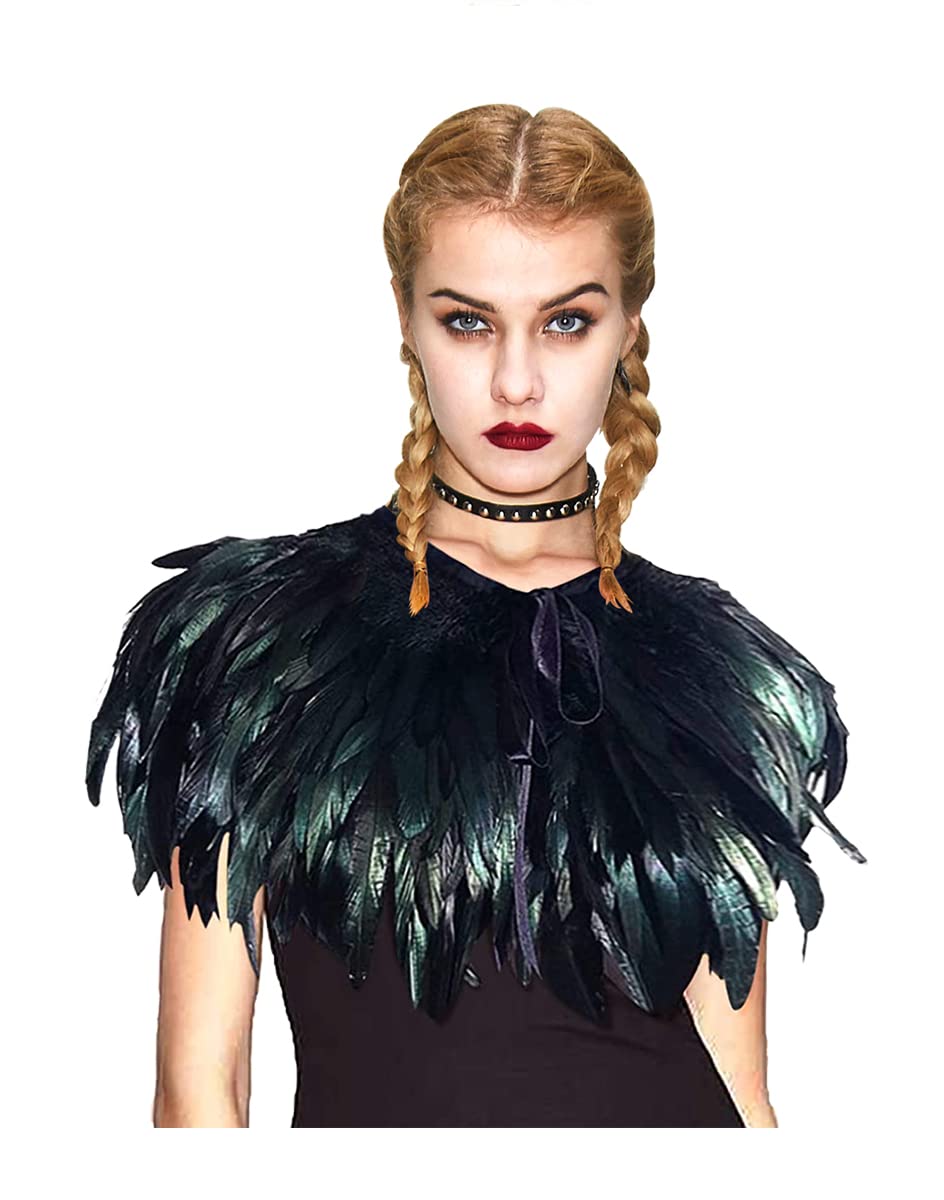 L'VOW Women' Natural Feather Shrug Cape Shawls Lace Collares for Halloween Cosplay Y1-black