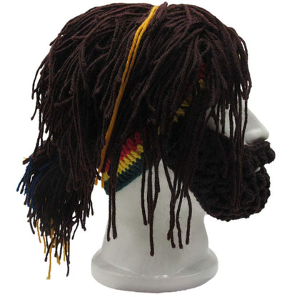 Creative Barbarian Knit Beard Hat Funny Knit Hat Wig Beanie Hat Beard Facemask V-brown