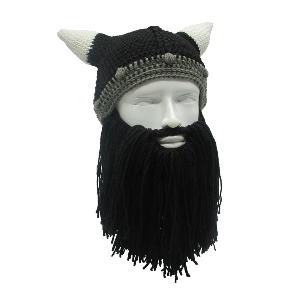 MerryJuly Men's Head Barbarian Vagabond Beanie Original Foldaway Beard Hats Viking Horns Bearded Caps One Size Viking Horns&brown Beard