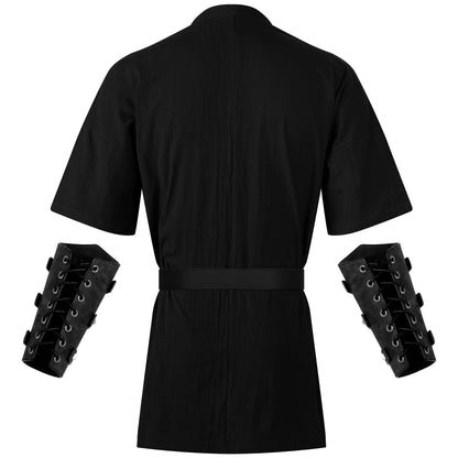 Jeyiour 3 Pcs Renaissance Costume Men Medieval Viking Tunic Knight Costume Faux Leather Arm Guards and Belt Viking Shirts Black X-Large