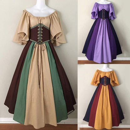 Khaki Women's Medieval Victorian Ball Gown Dress with Puff Sleeves