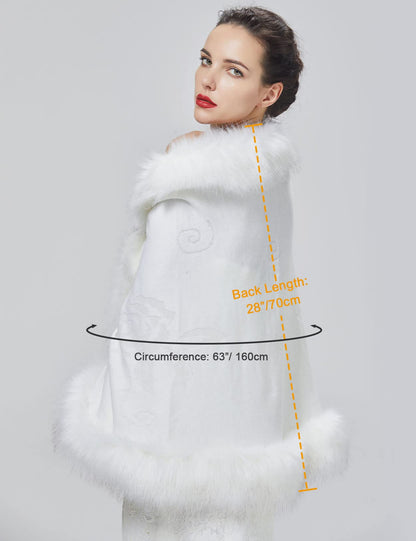 Faux Fur Shawl Wrap Stole Capelet Bridal Winter Wedding with Hook Hooded-black