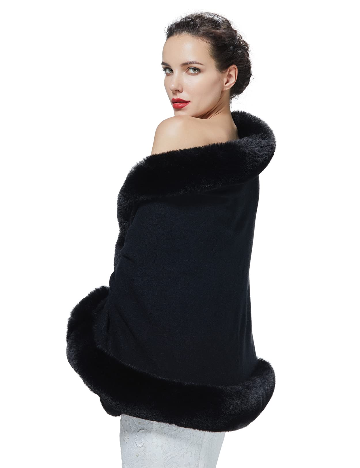 Faux Fur Shawl Wrap Stole Capelet Bridal Winter Wedding with Hook Hooded-black