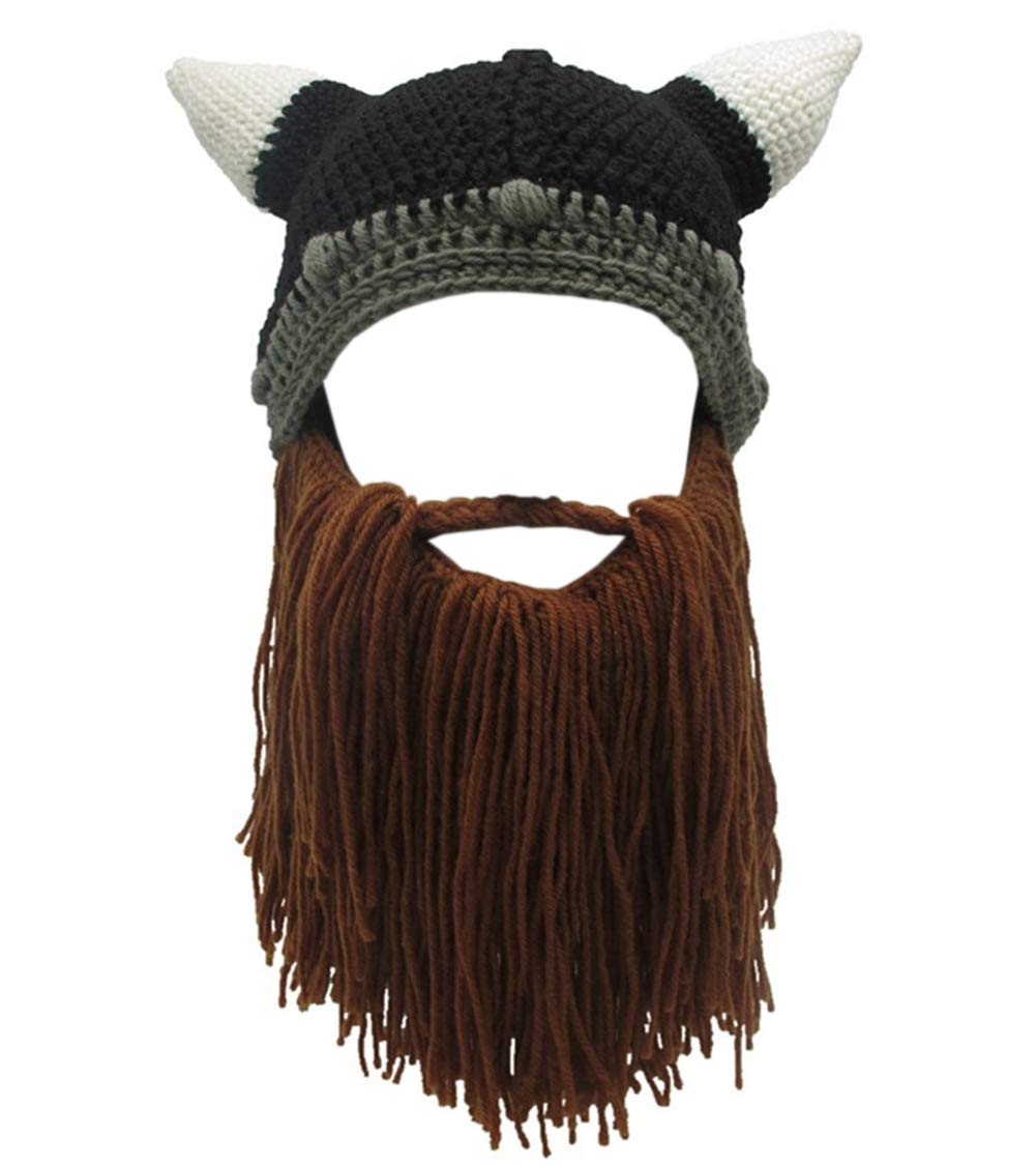 MerryJuly Men's Head Barbarian Vagabond Beanie Original Foldaway Beard Hats Viking Horns Bearded Caps One Size Viking Horns&brown Beard