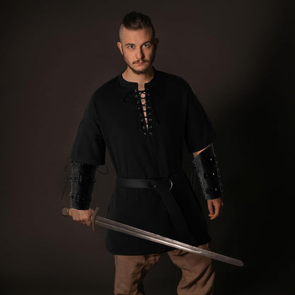 Jeyiour 3 Pcs Renaissance Costume Men Medieval Viking Tunic Knight Costume Faux Leather Arm Guards and Belt Viking Shirts Black X-Large
