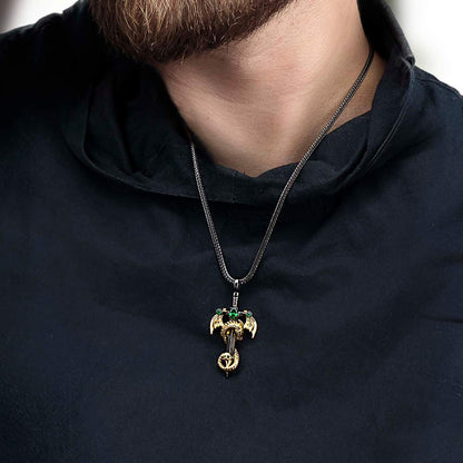 Personalized Birthstone Dragon Sword Necklace - Anniversary Gift for Men - Vintage Punk Pendant