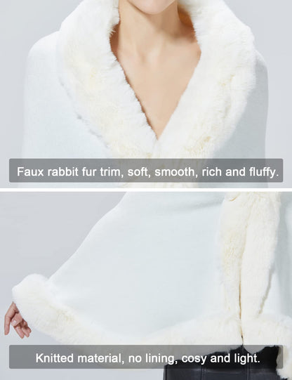 Faux Fur Shawl Wrap Stole Capelet Bridal Winter Wedding with Hook Hooded-black