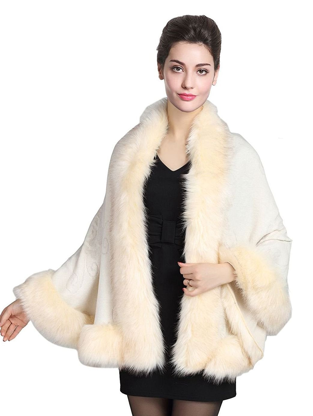 Faux Fur Shawl Wrap Stole Capelet Bridal Winter Wedding with Hook Hooded-black