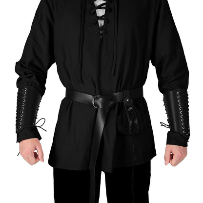 Jeyiour Men's Renaissance Costume Set Medieval Shirt Pirate Outfit Cosplay Viking Ankle Pants Belt Pouch Armband Beige, Black X-Large