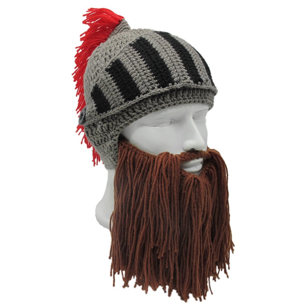 YEKEYI Viking Beard Beanie Horn Hat Winter Warm Mask Knitted Wool Funny Skull Cap One Size Horn Brown