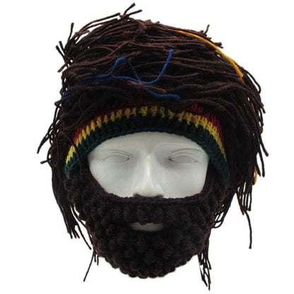 Creative Barbarian Knit Beard Hat Funny Knit Hat Wig Beanie Hat Beard Facemask V-brown