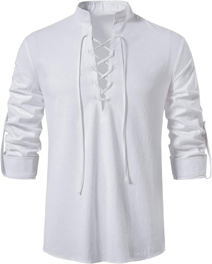 Men's Long Sleeve Shirts Retro Style Lace up for Medieval,Viking,Hippie Halloween Cosplay Pirate Renaissance Costume Small Khaki