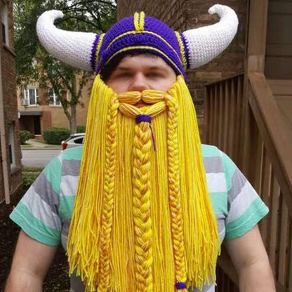 Viking Horned Beanie with Yarn Beard