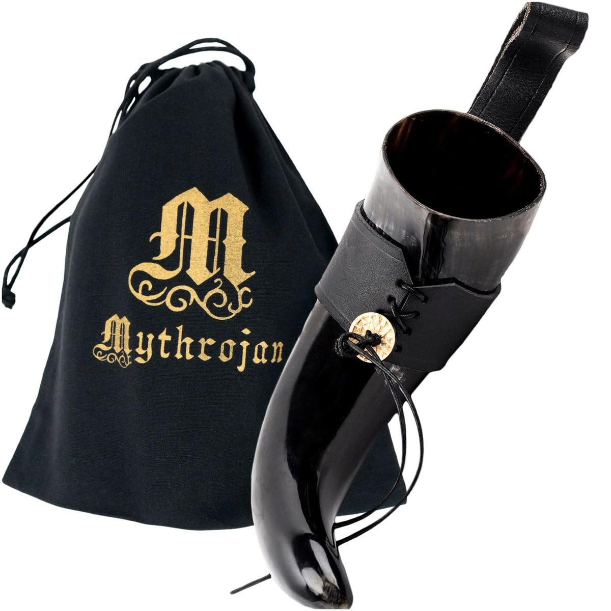 Mythrojan Viking Drinking Horn Black Medieval Beer Drinking Horn Authentic Drinking Horn with Strap Norse Beer Horn Small Drinking Horn Mug Viking Ale Horn Cup 250 ml Viking Drink Horn Replica 8oz 250 ML (Black Strap)